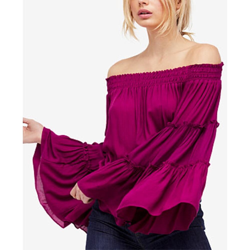 Free People Free Style Pink Off Shoulder Blouse Bell Sleeve Boho Size XS